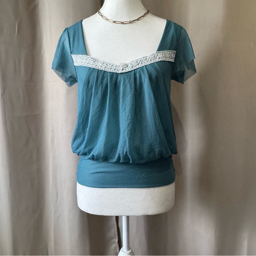 Teal Nylon Top with Lace Trimmed Square Neckline Size M 🩵